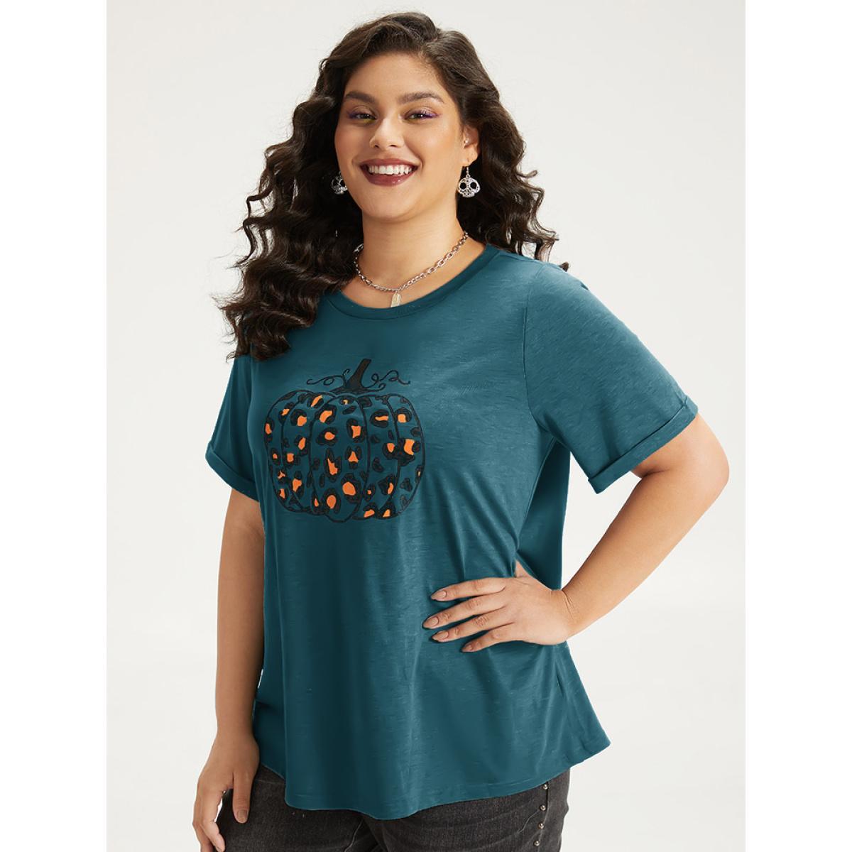 Plus Size Halloween Pumpkin Print Crew Neck T-shirt Red Women Casual Printed Halloween Dailywear T-shirts BloomChic 12/L Product Image