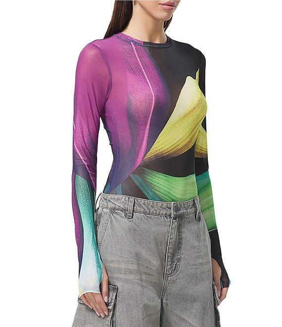 AFRM Kaylee Printed Crew Neck Long Sleeve Mesh Top Product Image