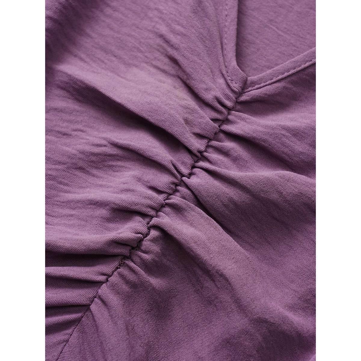 Plus Size Solid Ruched Raglan Sleeve Layered Hem Dress Mauve Women Elegant Elastic cuffs V-neck Long Sleeve Curvy Midi Dress BloomChic 12/L Product Image