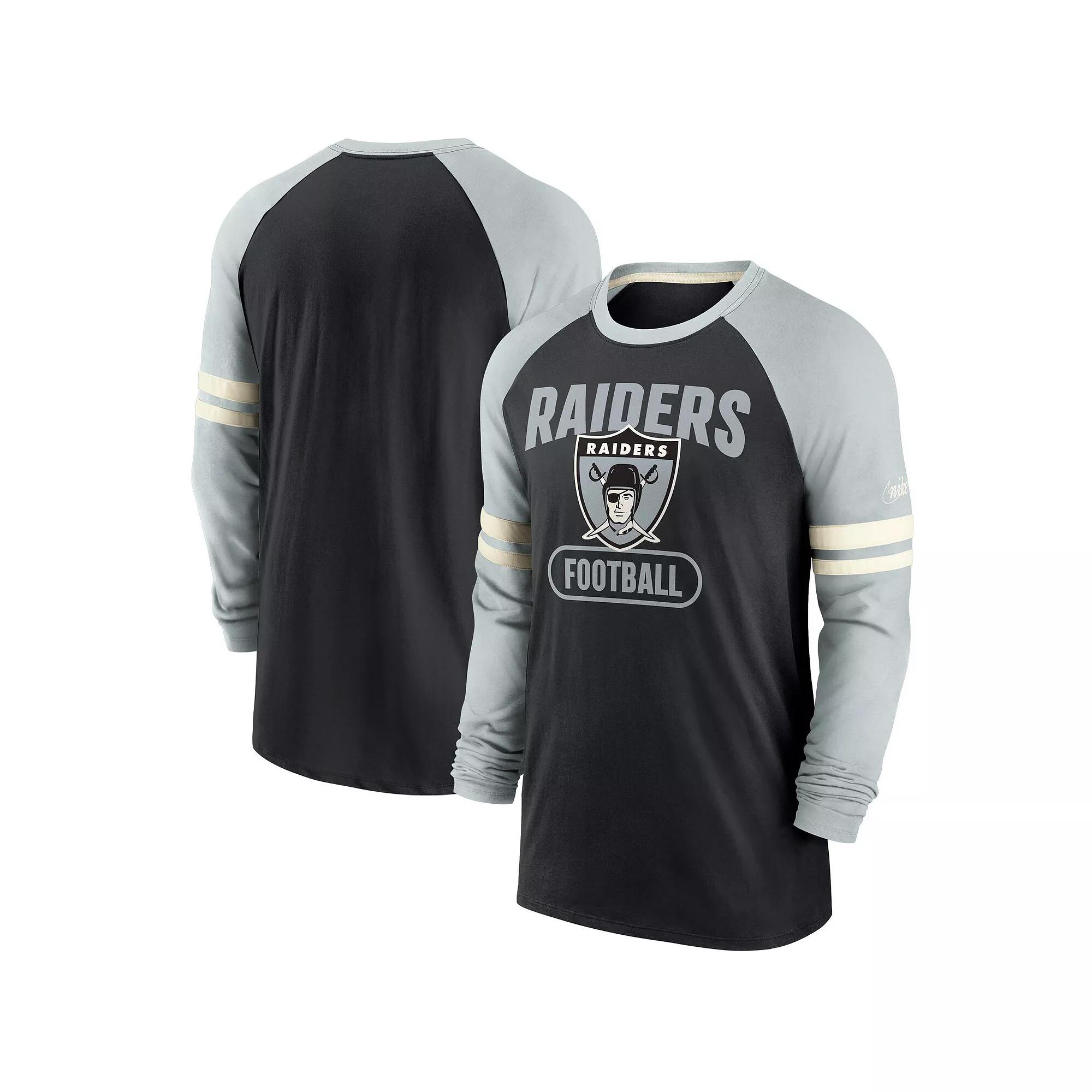Men's Nike Black/Silver Las Vegas Raiders Throwback Raglan Long Sleeve T-Shirt,  Product Image