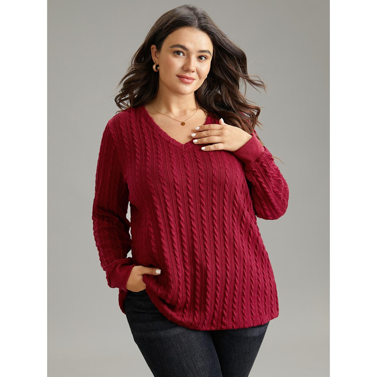 Plus Size Rib Knit Plain Elastic Cuffs Sweatshirt Women Scarlet Elegant Rib Knit V-neck Dailywear Sweatshirts BloomChic 26/4X Product Image