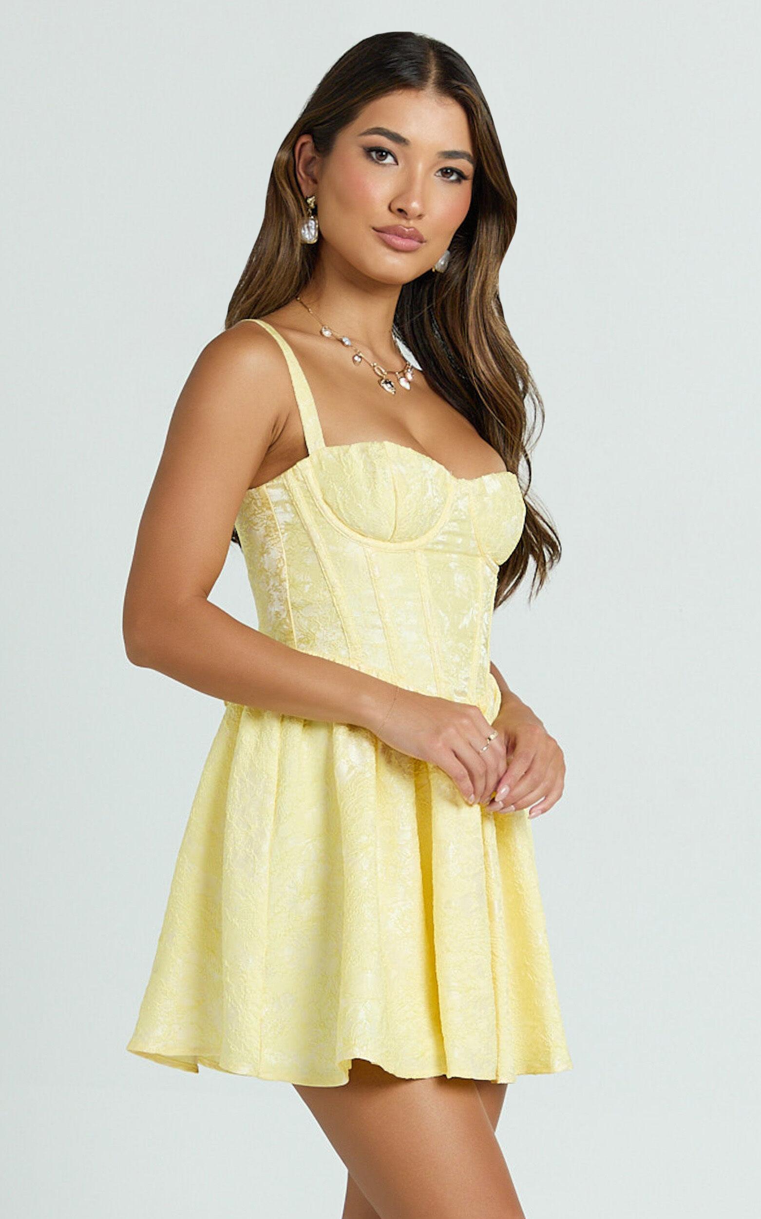 Eden Mini Dress - Jacquard Sweetheart Neck Lace Up Fit And Flare Dress in Yellow Product Image
