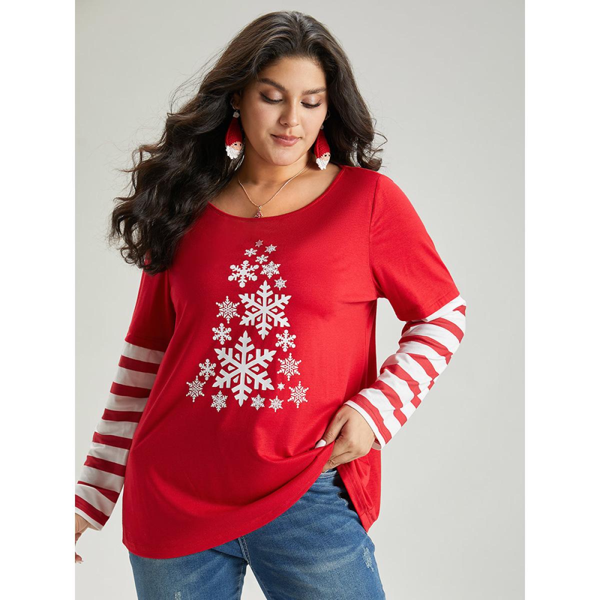 Plus Size Snowflake Striped Patchwork T-shirt Red Women Casual Contrast Christmas Round Neck Festival-Christmas T-shirts BloomChic 28/5X Product Image