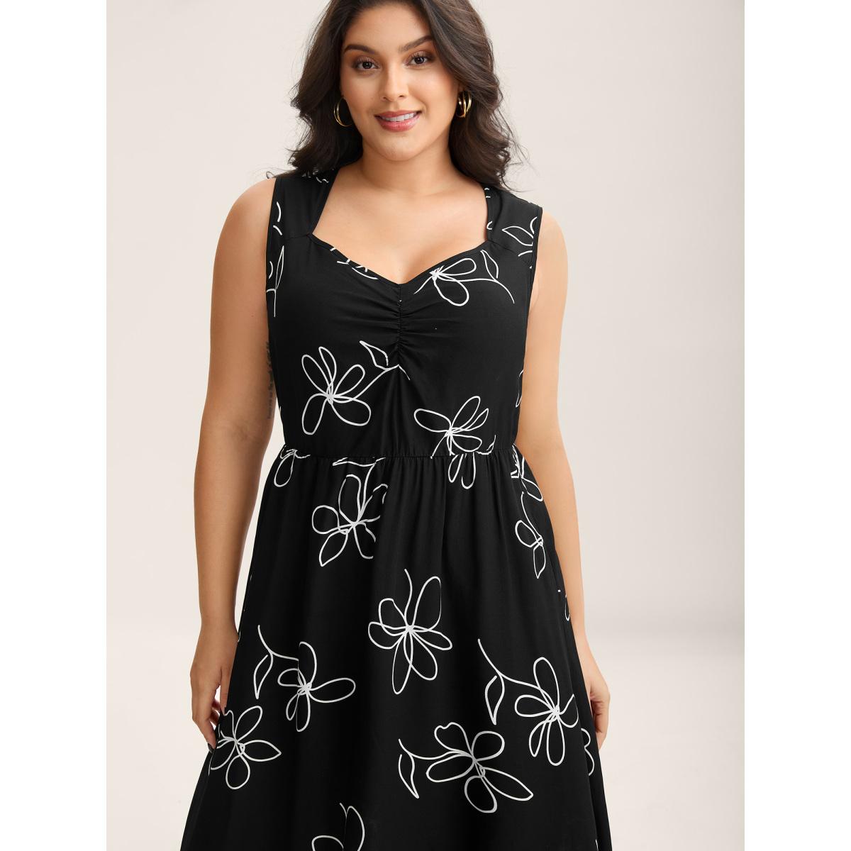 Plus Size Rayon Floral Stretchy Waist Midi Dress BlackFlower Women Timeless Heart neckline Sleeveless Curvy BloomChic 26/4X Product Image