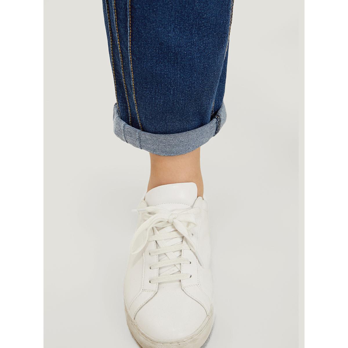 Plus Size Very Stretchy High Rise Medium Wash Pleated Detail Jeans Women DarkBlue Casual Plain Roll Hem High stretch Pocket Jeans BloomChic 28/5X Product Image