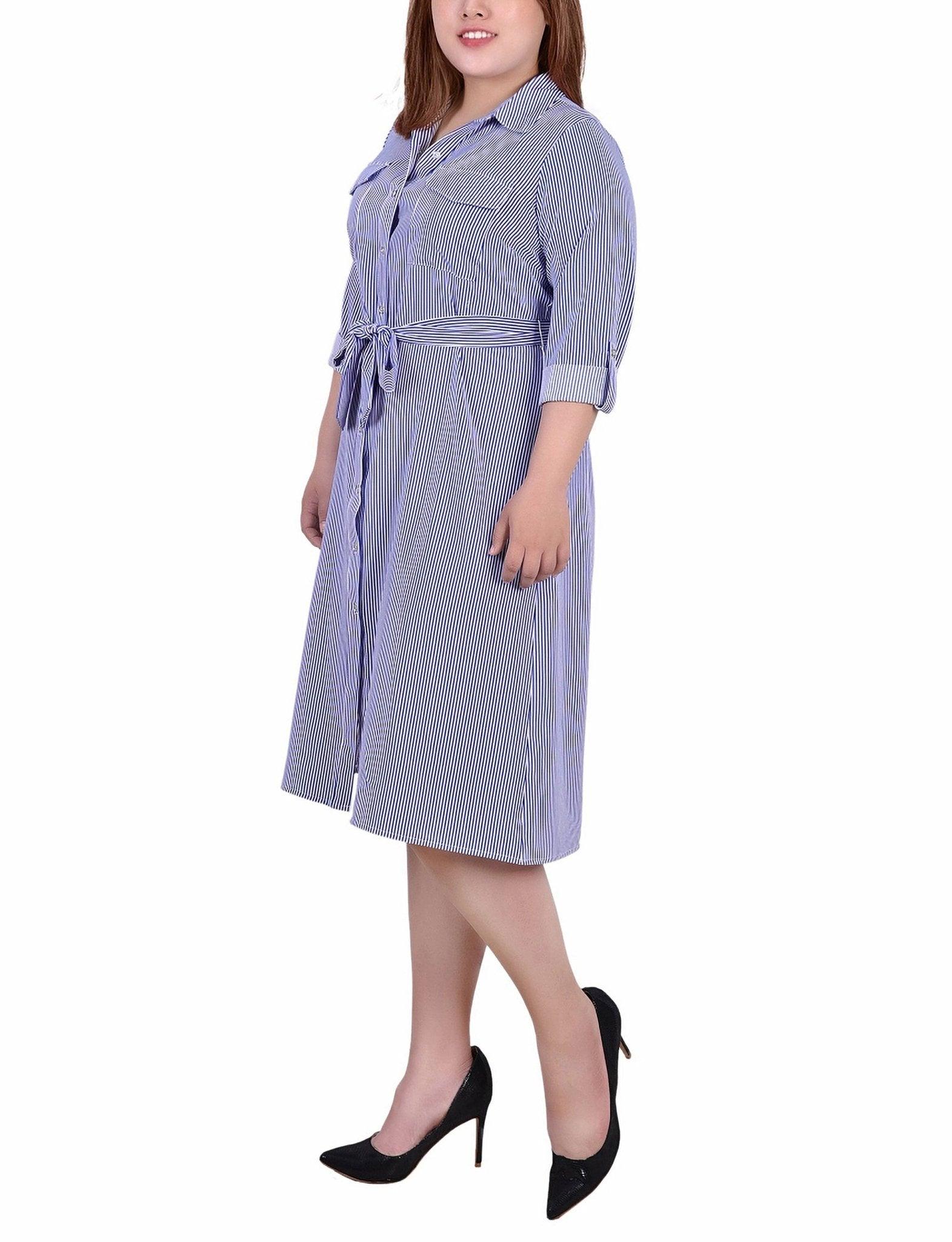 Blue Tortorella 3/4 Roll Tab Sleeve Belted Shirtdress - Plus Product Image