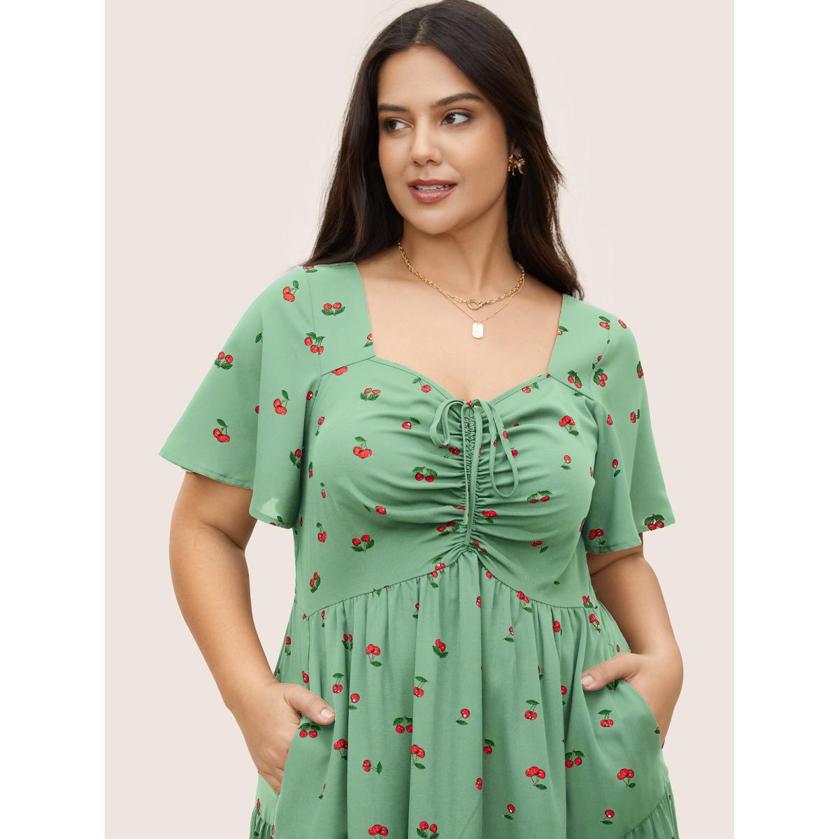 Plus Size Citrus Fruit Print Heart Neckline Drawstring Pleated Dress Palemauve Women Elegant Pleated Heart neckline Short sleeve Curvy Midi Dress BloomChic 30/6X Product Image