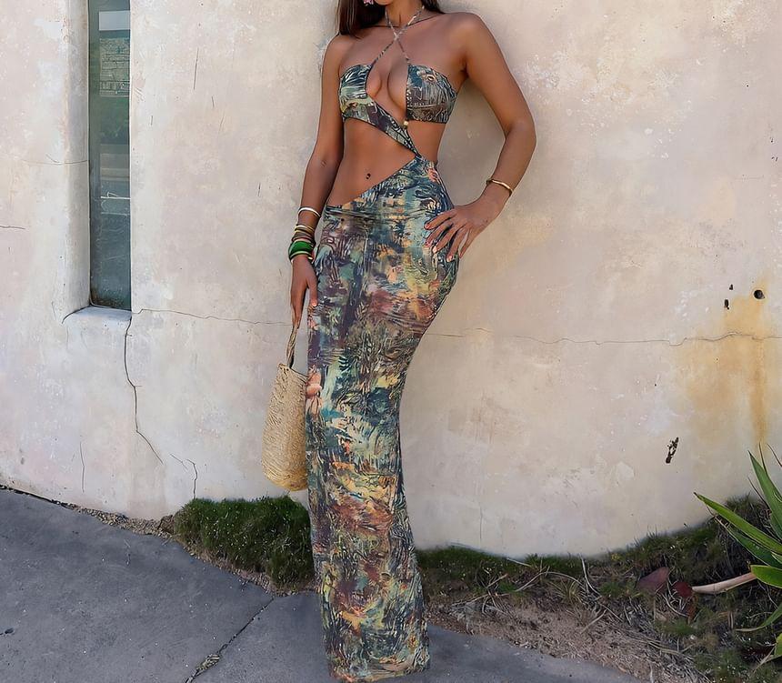 Halter Patterned Print Cutout Slit Maxi Sheath Dress Product Image