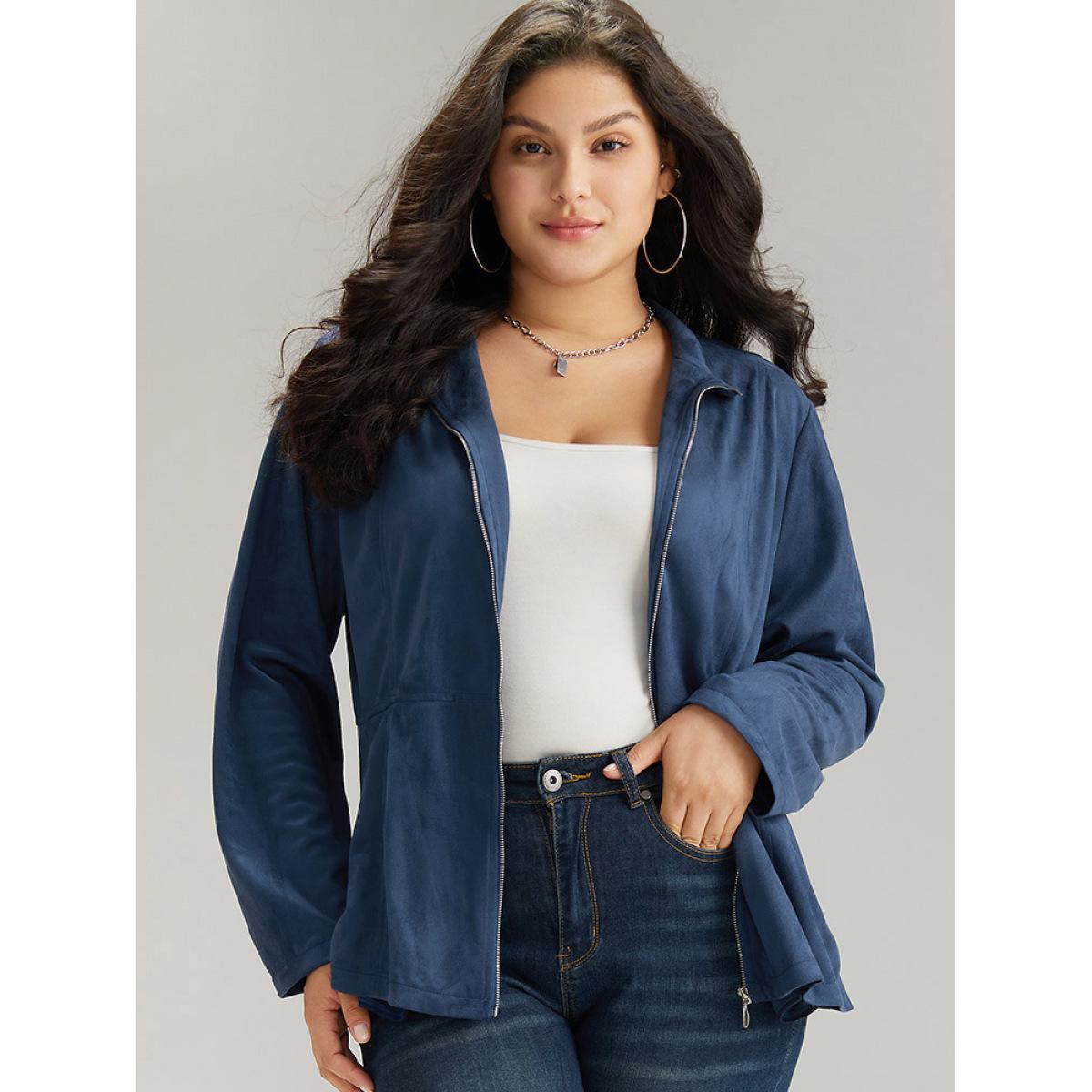 Plus Size Solid Pocket Zipper Jacket Women Indigo Plain Pocket Dailywear Jackets BloomChic 12/L Product Image