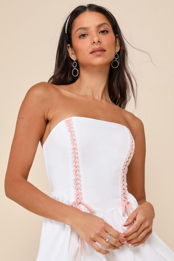 Exceedingly Sweet White Strapless Bustier Bubble-Hem Mini Dress Product Image