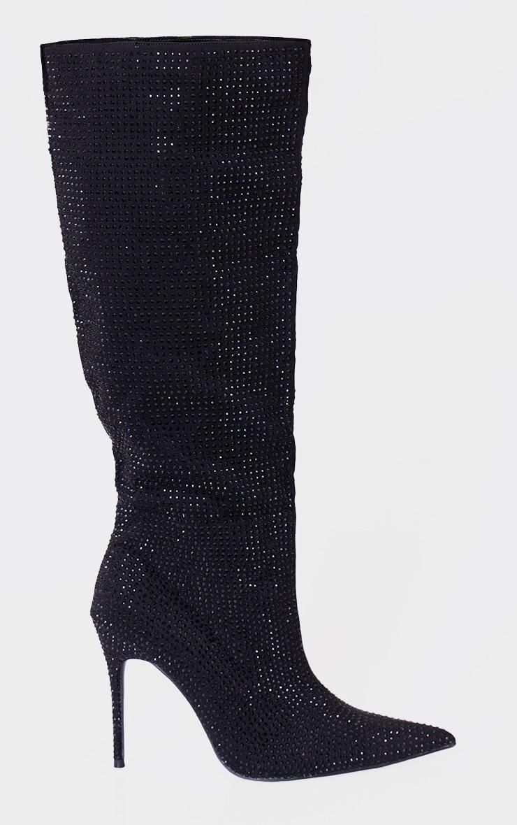 Black Diamante Point Toe High Stiletto Knee High Boots Product Image