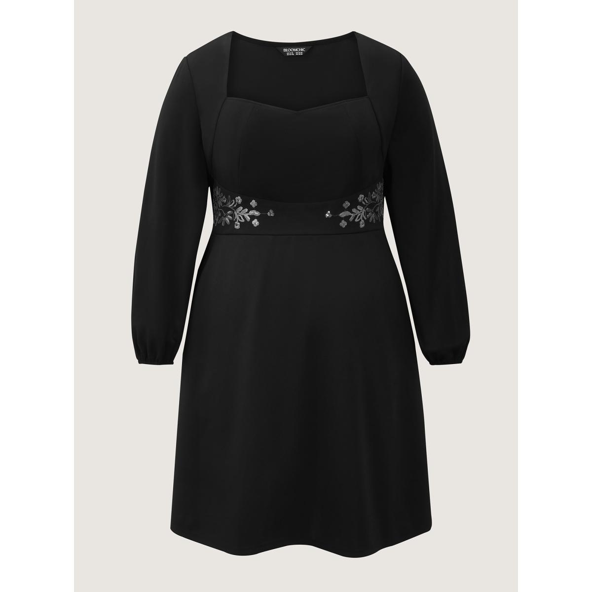 Plus Size Sequin Embroidery Waist-Defining Pocket Knee Dress Black Women Party&Cocktail Asymmetrical Neck Long Sleeve Curvy BloomChic 14-16/1X Product Image