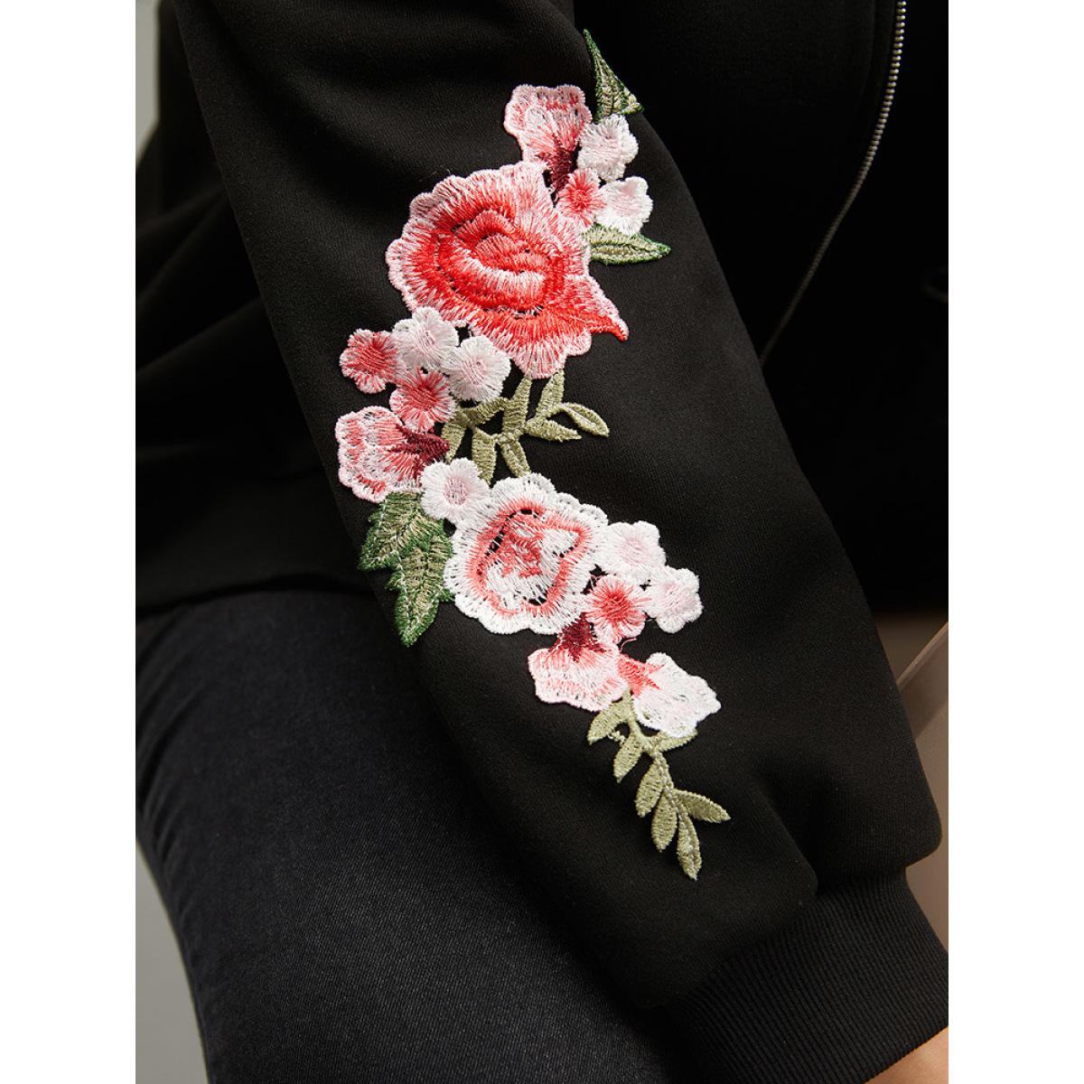 Plus Size Floral Embroidered O Ring Zipper Jacket Women Black Elastic cuffs Everyday Jackets BloomChic 26/4X Product Image