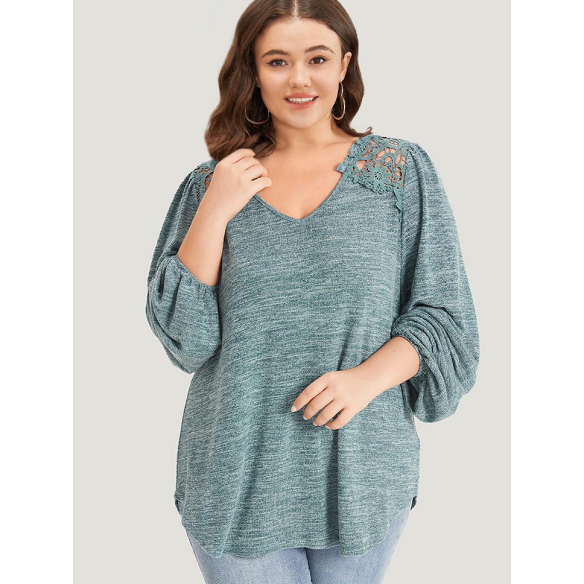 Plus Size Lace Insert Curved Hem Lantern Sleeve Sweatshirt Women Cyan Elegant Elastic cuffs V-neck Dailywear Sweatshirts BloomChic 30/6X Product Image