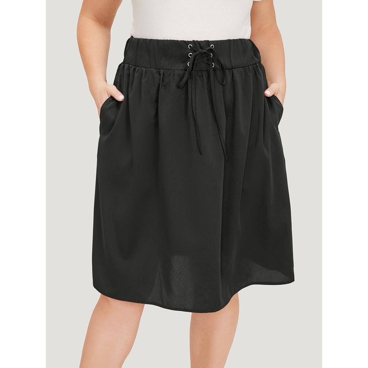 Plus Size Plain Pocket Lace Up Skirt Women Black Casual Plain No stretch Dailywear Skirts BloomChic 22-24/3X Product Image