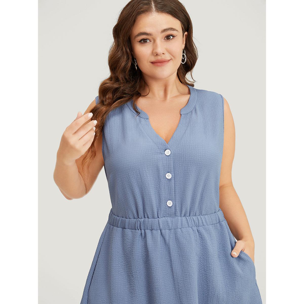 Plus Size Plain Textured Button Up Pocket Notched Neck Tank Dress Stone Women Office Elastic Waist Notched collar Sleeveless Curvy Knee Dress BloomChic 14-16/1X Product Image