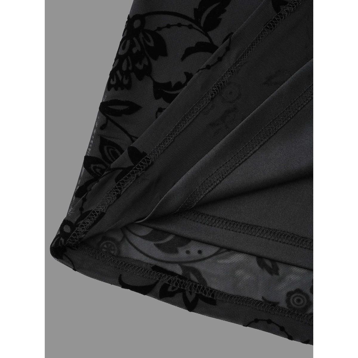 Plus Size Black Floral Flocking Sheer Sleeve Lined Knit Top Women Elegant Long Sleeve Round Neck Everyday Blouses BloomChic 14-16/1X Product Image