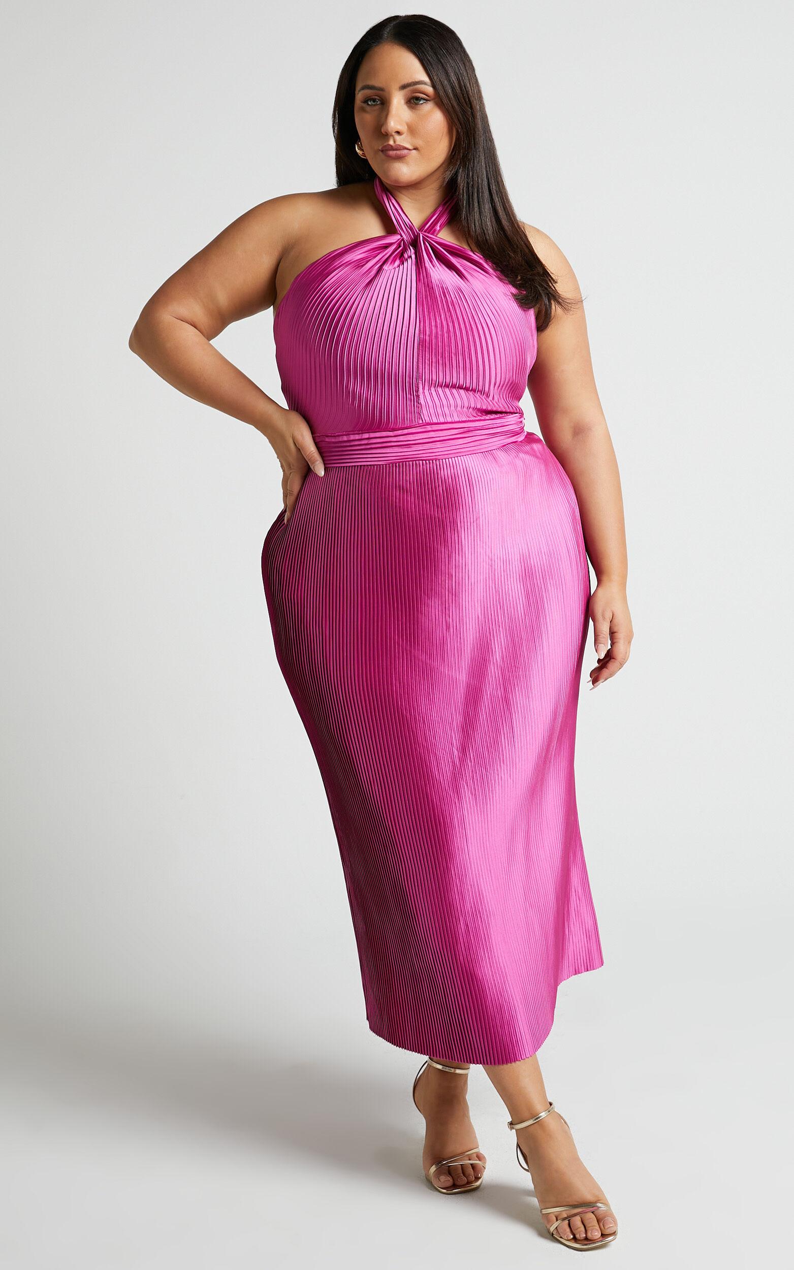 Marlette Midi Dress - Pleated Open Back Halter Dress in Grape Product Image