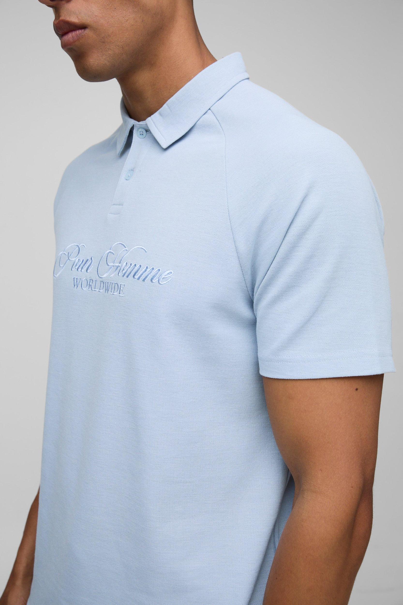 Regular Fit Homme Raglan Embroidered Pique Polo | boohooMAN USA Product Image