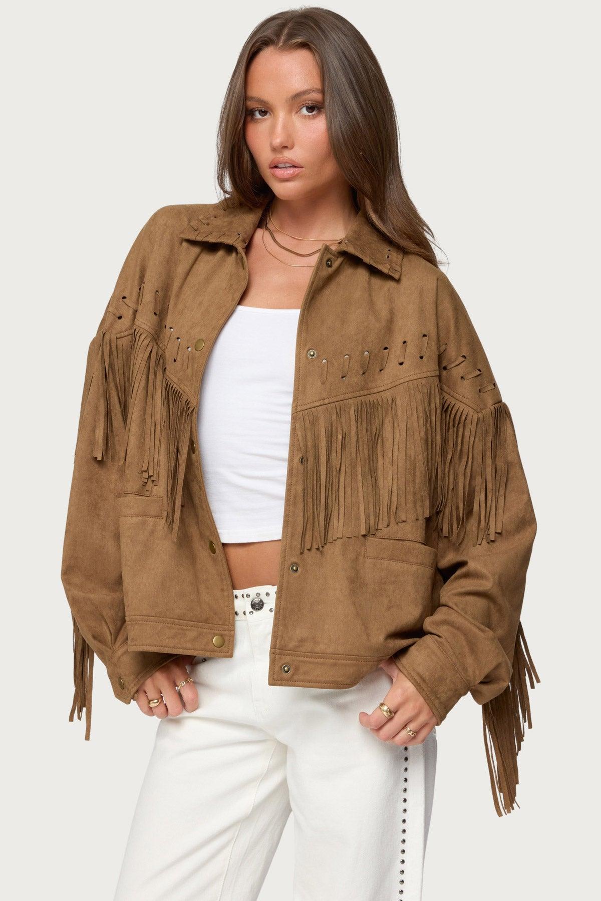 Evonka Fringe Faux Suede Jacket Product Image