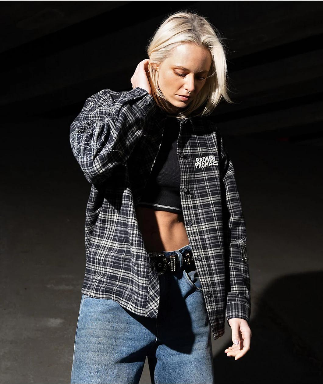 Broken Promises Stoned Web Black Flannel Shirt Product Image