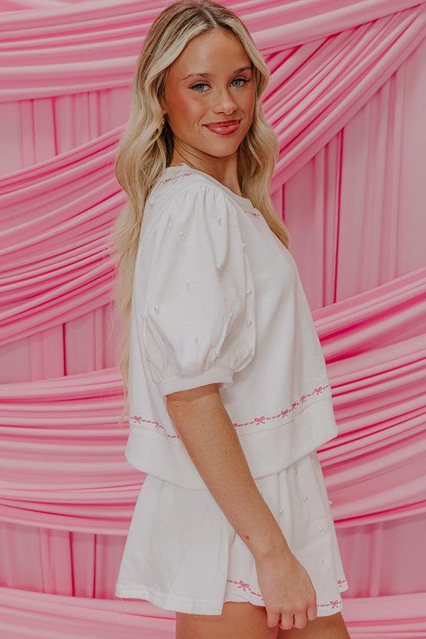 Bows And Kisses Pearl Embellished Top in White Product Image