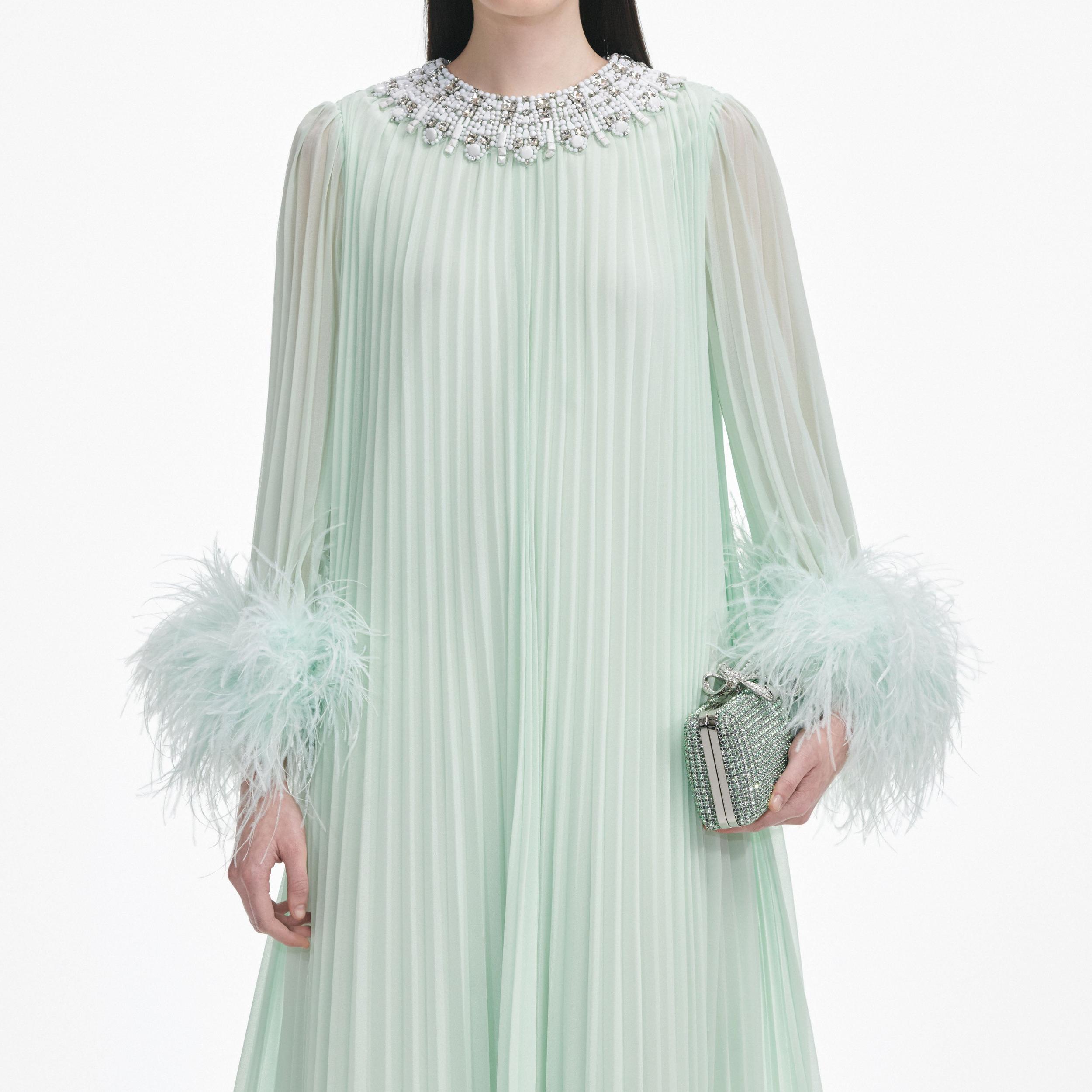 Mint Chiffon Feather Midi Dress Product Image