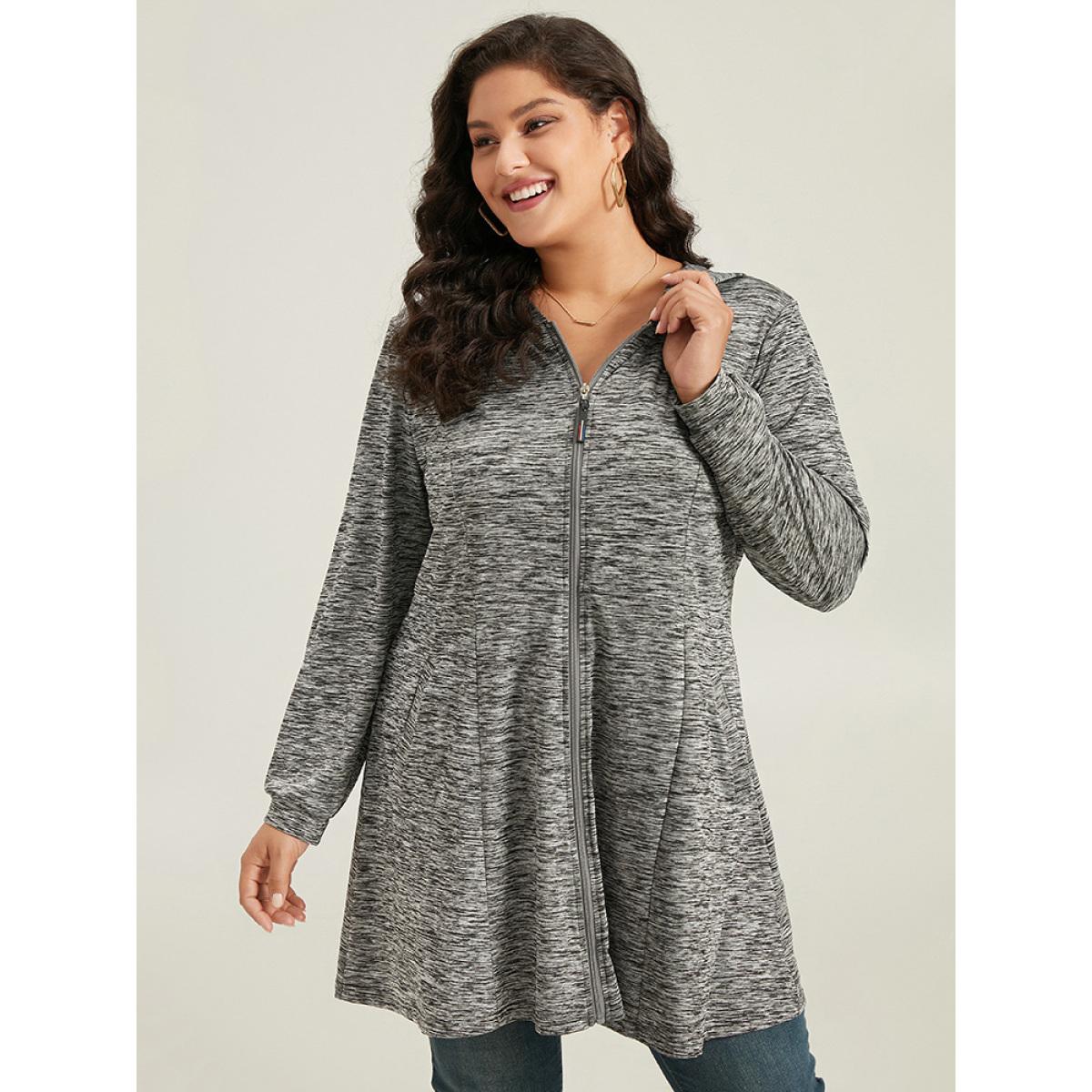 Plus Size Plain Heather Zipper Pocket Hooded Jacket Women DimGray Plain Pocket Dailywear Jackets BloomChic 10/M Product Image