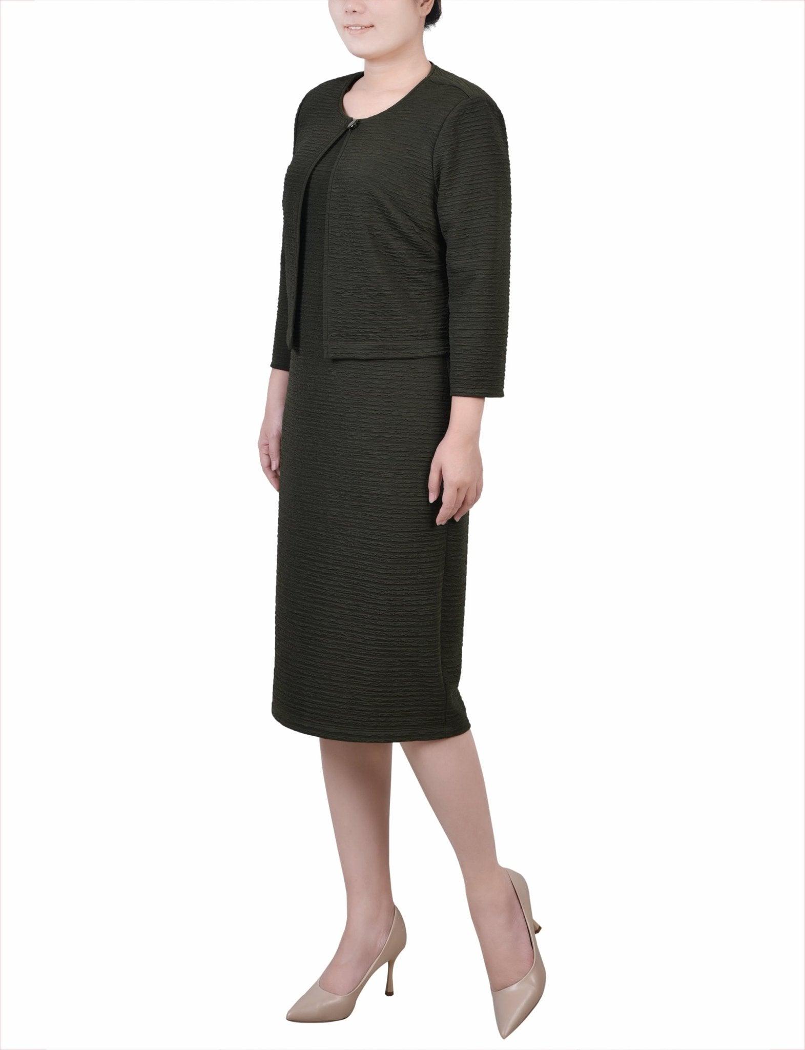Olive Textured 3/4 Sleeve 2 Piece Dress Set Product Image