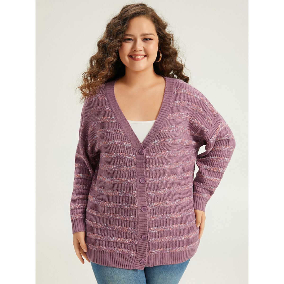 Plus Size Contrast Drop Shoulder Button Through Cardigan Mauve Women Casual Loose Long Sleeve Dailywear Cardigans BloomChic 30/6X Product Image