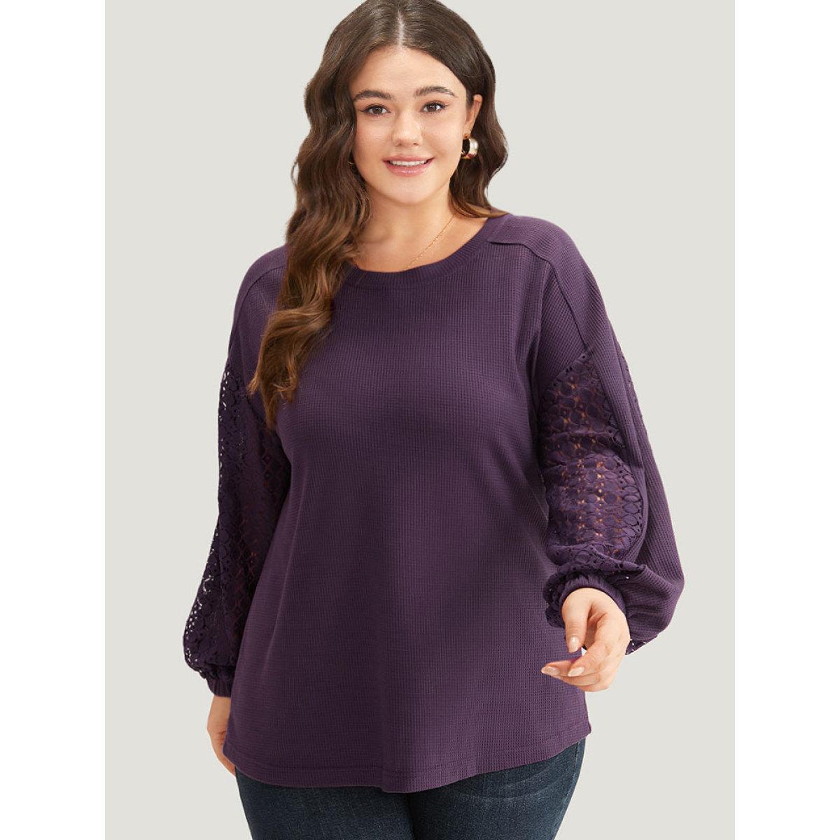 Plus Size Waffle Knit Lace Panel Drop Shoulder Sweatshirt Women Eggplant Elegant Elastic cuffs Round Neck Dailywear Sweatshirts BloomChic 22-24/3X Product Image