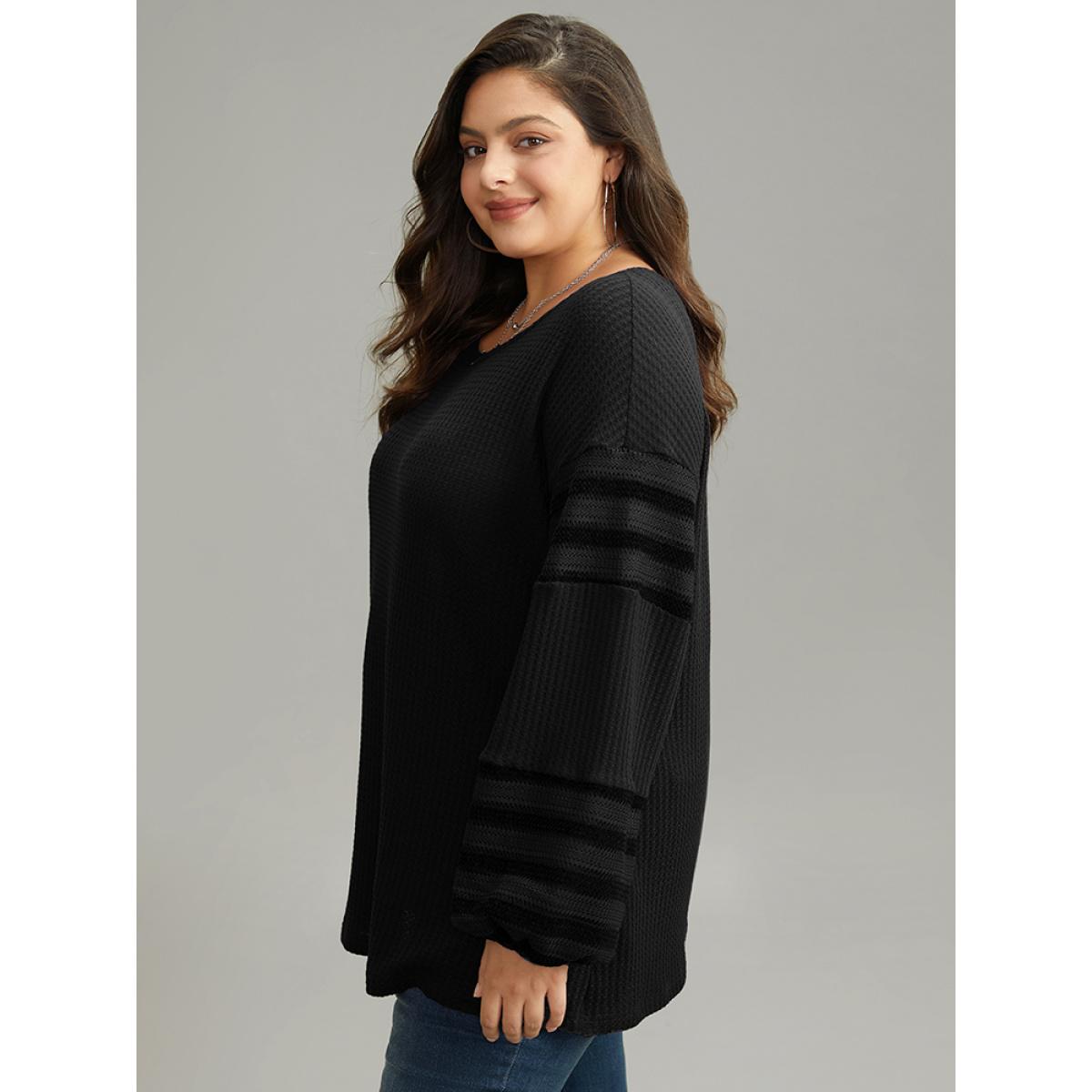 Plus Size Plain Texture Patchwork Hollow Out T-shirt Black Women Casual Elastic cuffs Plain Round Neck Dailywear T-shirts BloomChic 12/L Product Image