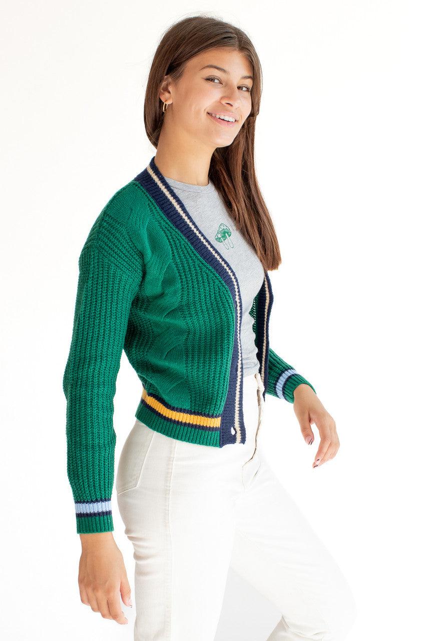 Green Cable Knit Varsity Cardigan Product Image