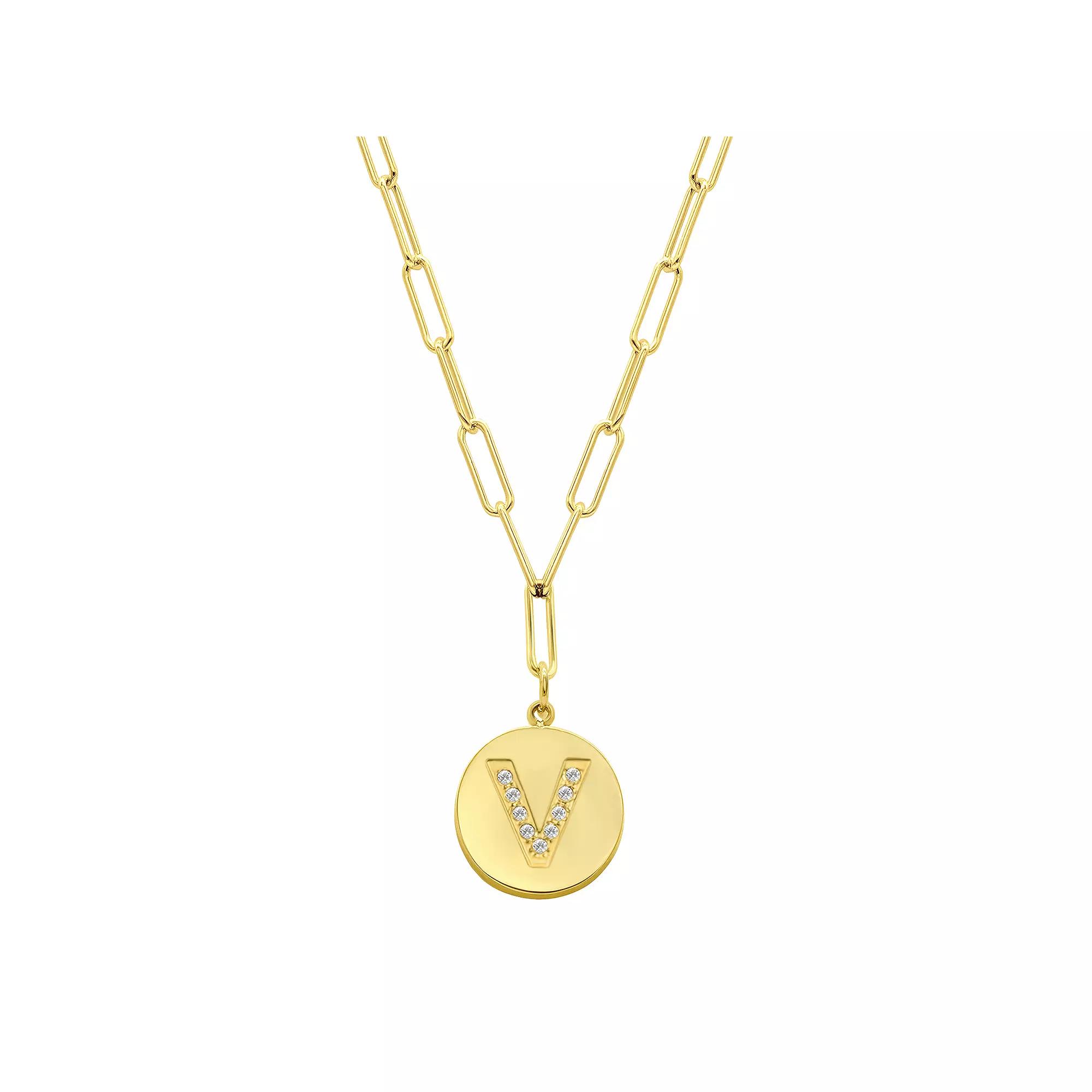 Adornia Gold Tone Adjustable Cubic Zirconia Initial Disc Pendant Paperclip Necklace, Women's, Size: 16-18" ADJ, V Product Image