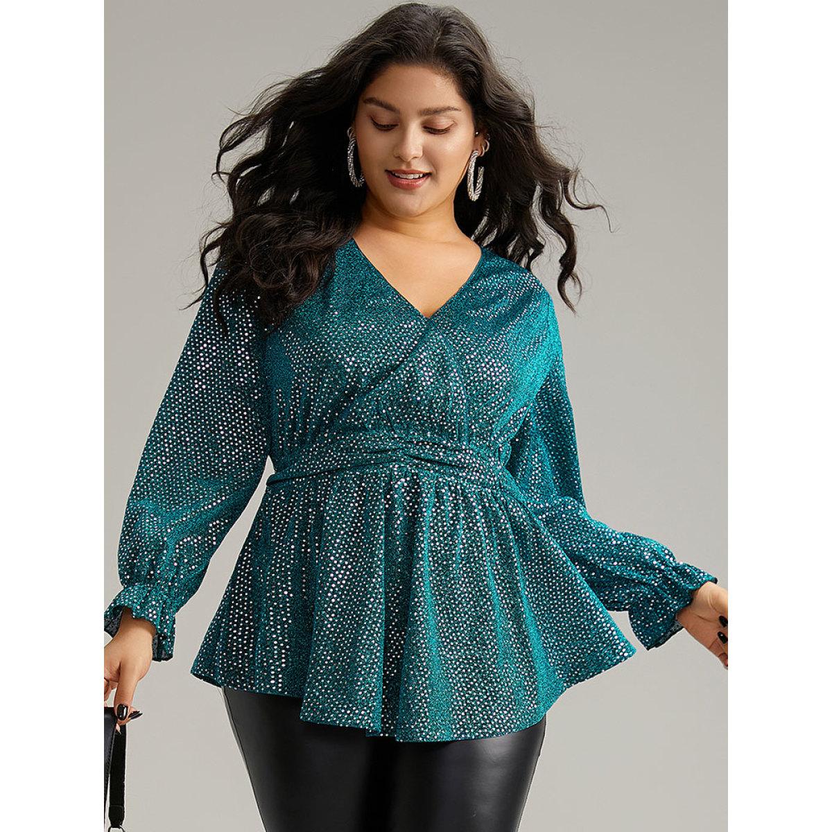 Plus Size Emerald Sequin Wrap Ruffles Ruched Lantern Sleeve Blouse Women Glamour Long Sleeve V-neck Festival-Christmas Blouses BloomChic 12/L Product Image