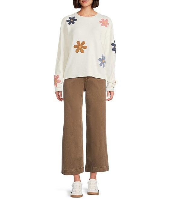 Charlie B. Knit Round Neck Long Sleeve Boucle Flower Sweater Product Image