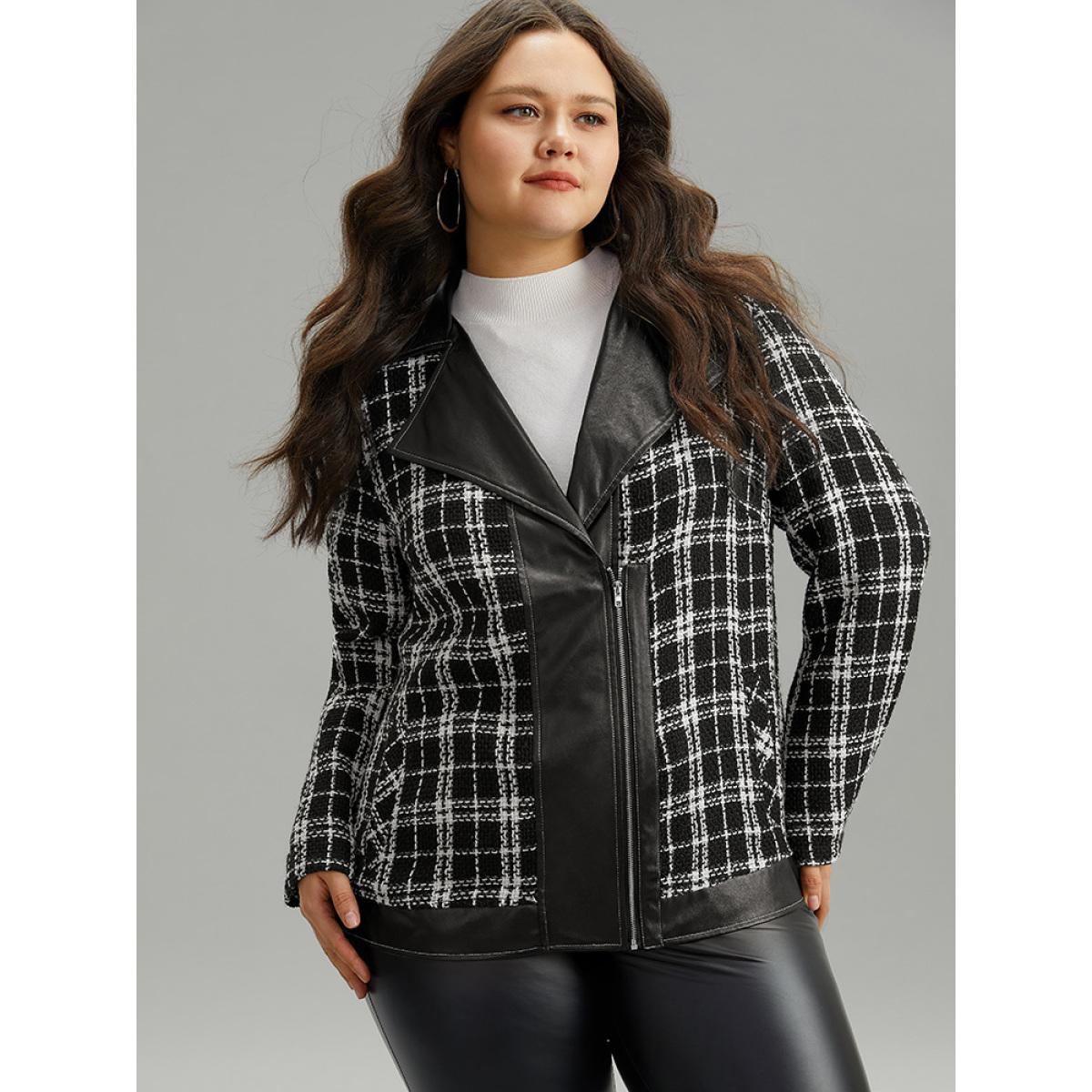 Plus Size Plaid PU Patchwork Zipper Fly Jacket Women Black Contrast Dailywear Jackets BloomChic 18-20/2X Product Image