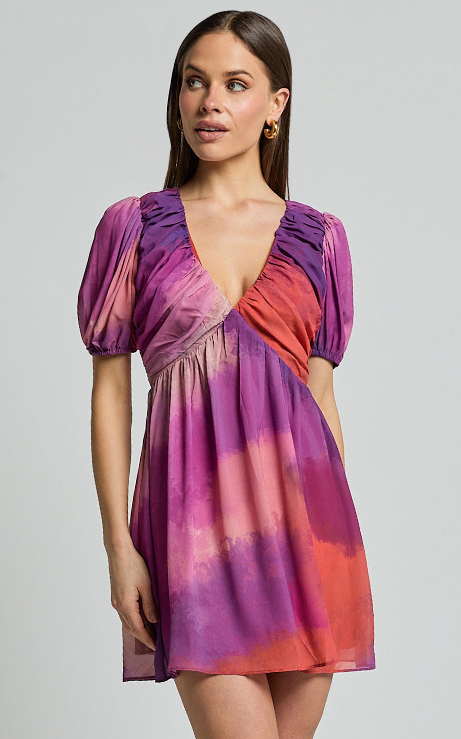 Kennedy Mini Dress - Recycled Polyester V Neck Puff Sleeve Dress in Coral Mirage Print Product Image