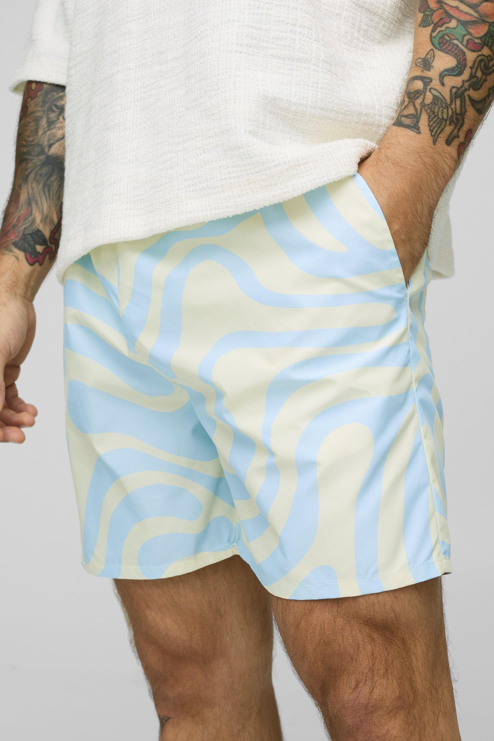 Mid Length Abstract Print Swim Trunks | boohooMAN USA Product Image