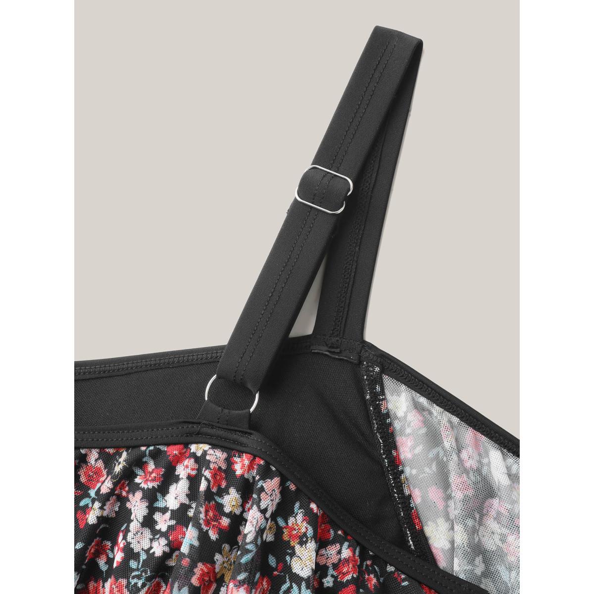 Plus Size Floral Print Mesh Cold-Shoulder Swim Dress Women's Swimwear Black Beach Bodycon One-shoulder neck High stretch Curve Swim Dresses BloomChic 14-16/1X Product Image