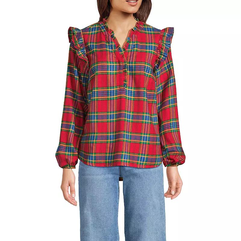 Women's Lands' End Ruffle Front Flannel Popover Blouse,  Product Image