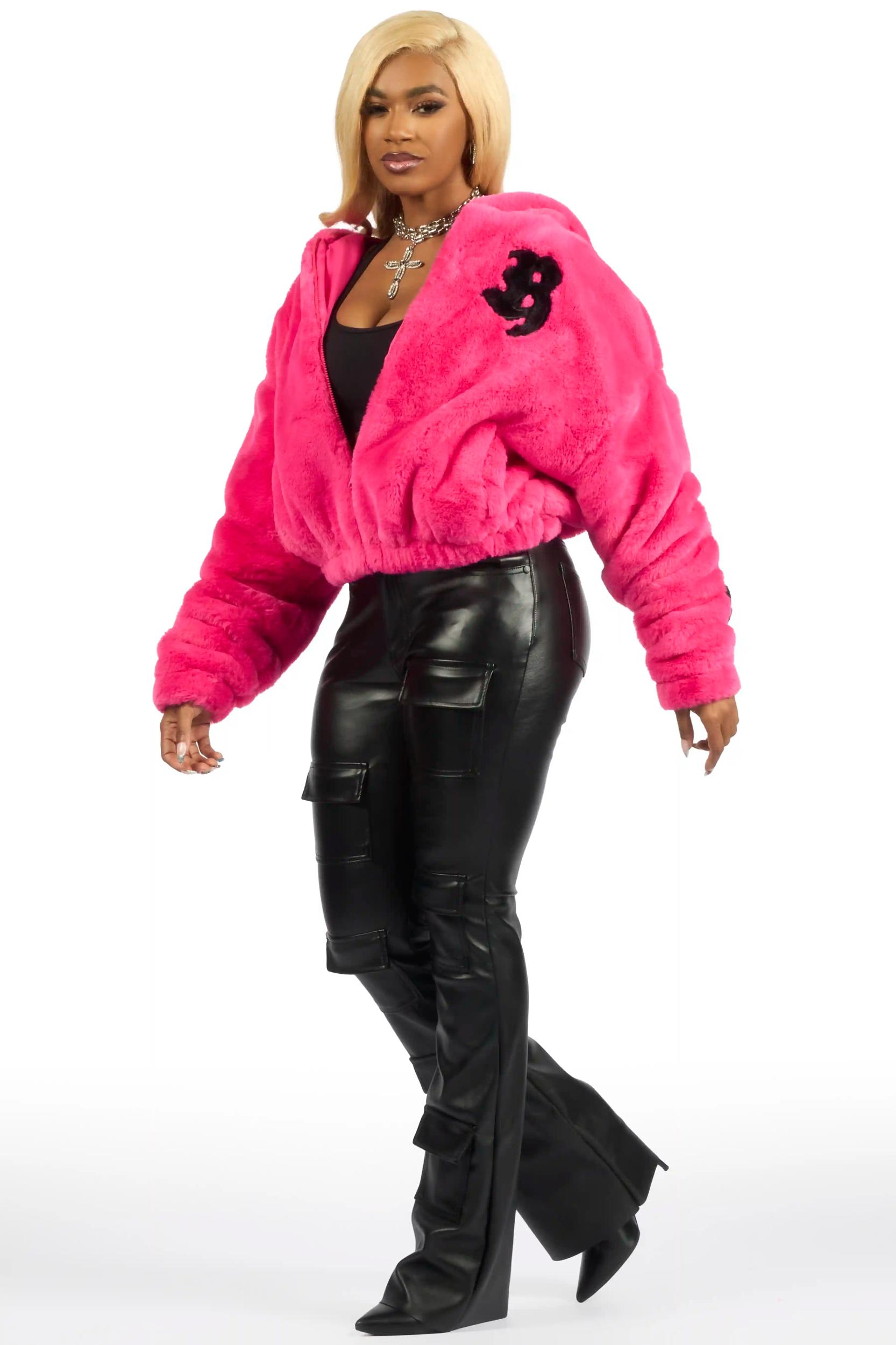 Inany Hot Pink Fur Jacket Female Product Image