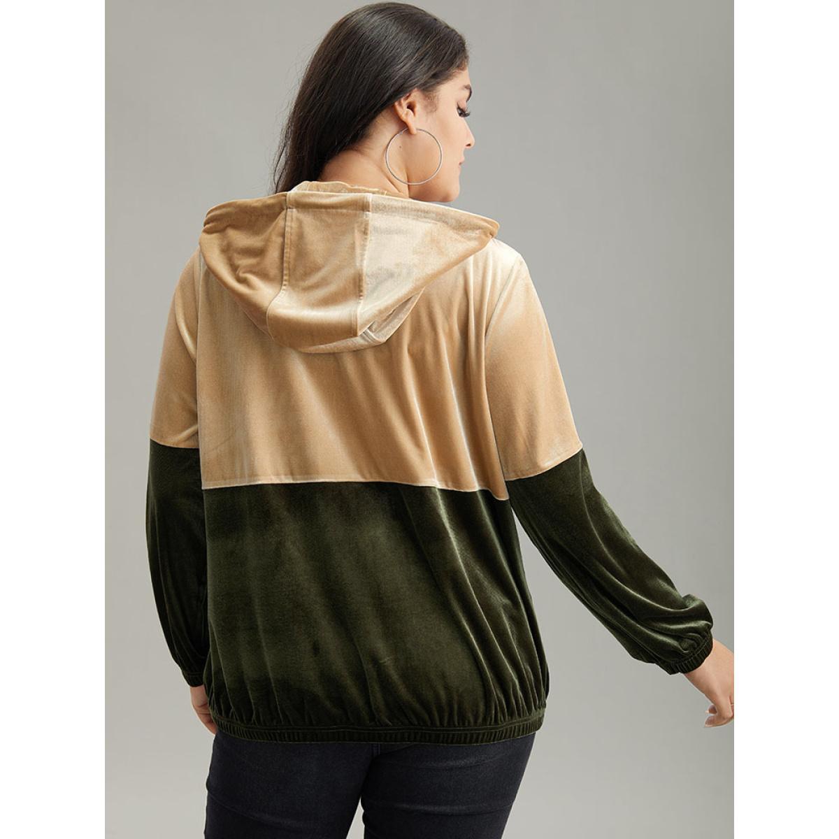 Plus Size Velvet Contrast Hooded Slant Pocket Jacket Women ArmyGreen Velvet Pocket Dailywear Jackets BloomChic 30/6X Product Image
