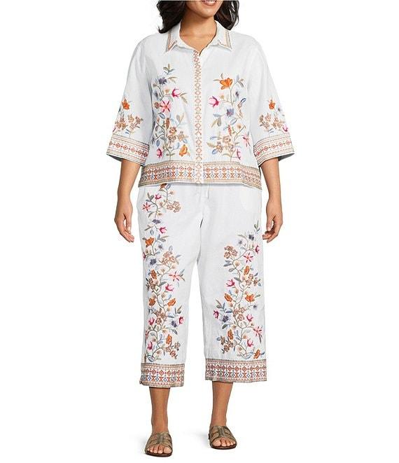 John Mark Plus Size Embroidered Floral Point Collar Short Sleeve Button-Front Blouse Product Image