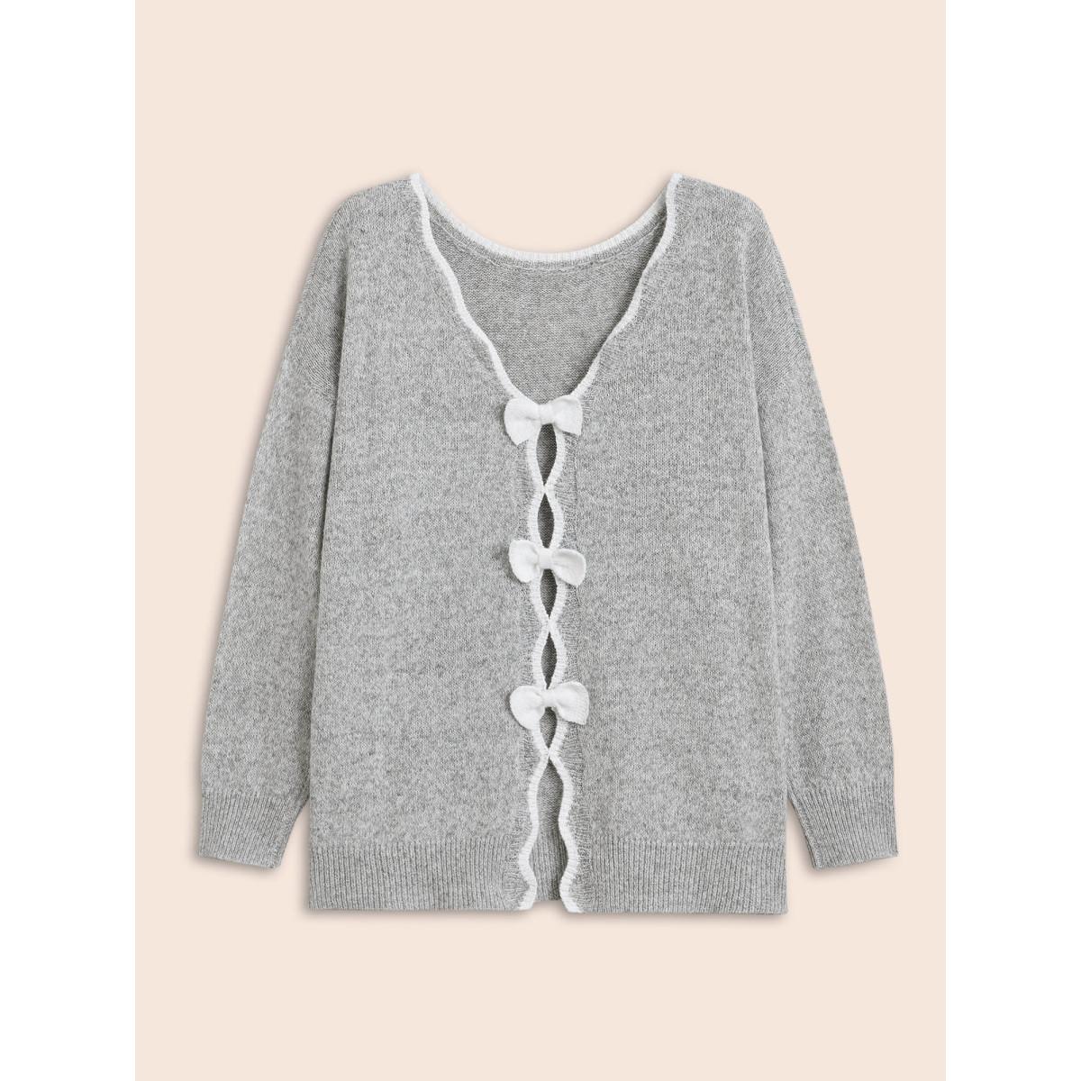 Plus Size Round Neck Bowknot Cut Out Pullover Silver Women Timeless Long Sleeve Round Neck Elegant Pullovers BloomChic 28/5X Product Image