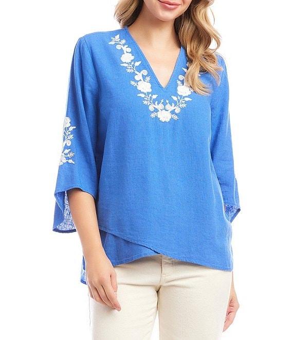 Karen Kane Linen Blend Bracelet Sleeve Embroidered Asymmetric Top Product Image