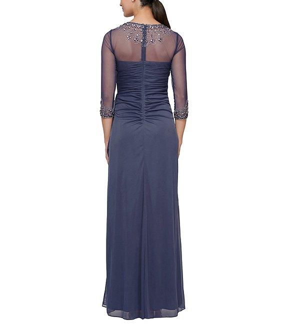 Alex Evenings Long Beaded Illusion Sweetheart Neck 3/4 Sleeve Ruched Dress Product Image