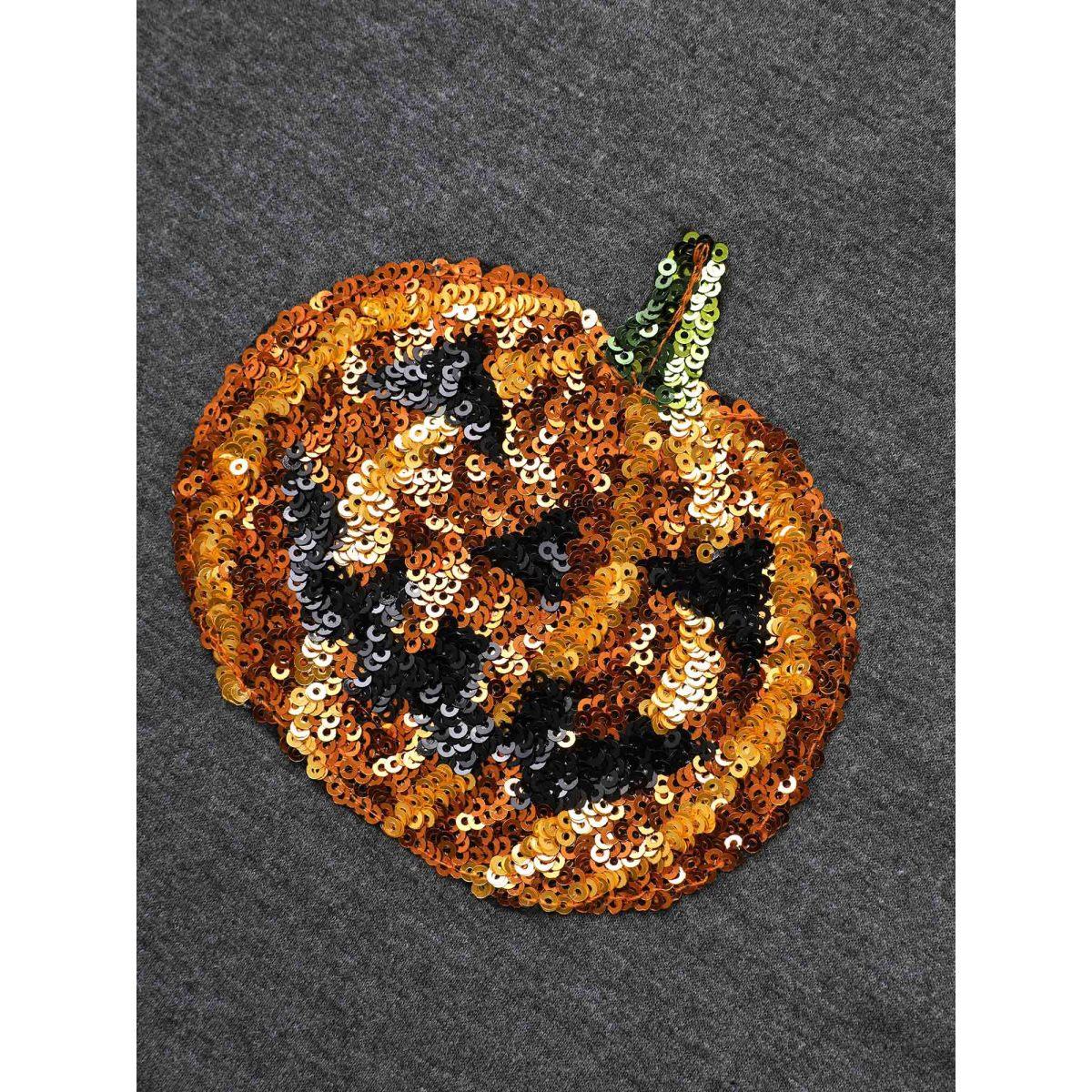 Plus Size Jack-O-Lantern Sequin Sweatshirt Women DimGray Casual Contrast Loose Round Neck Everyday Sweatshirts BloomChic 14-16/1X Product Image