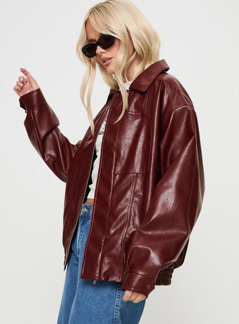 Devija Faux Leather Jacket Burgundy Product Image