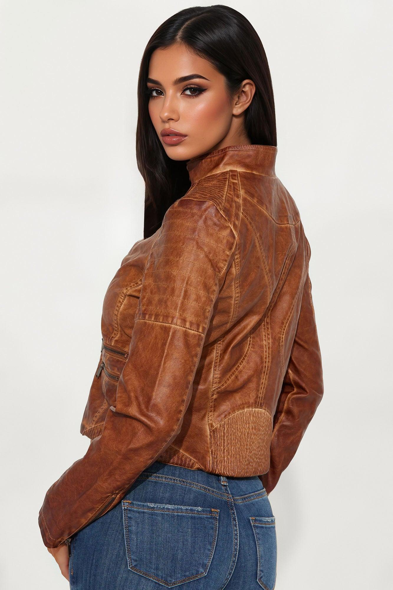 Taking Chances Washed Faux Leather Moto Jacket - Brown Female Product Image